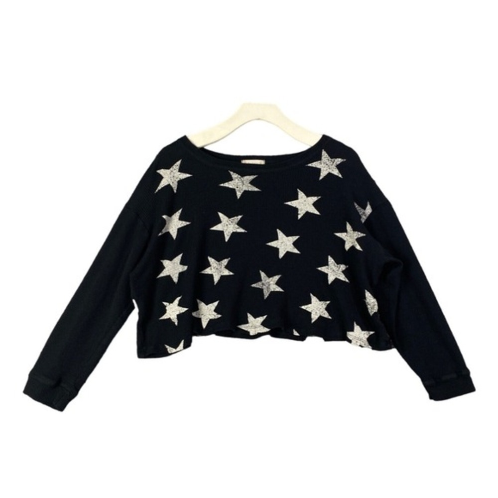 Altar'd State Womens Celestial Star Grunge Ethereal Waffle Knit Crop Top M Black